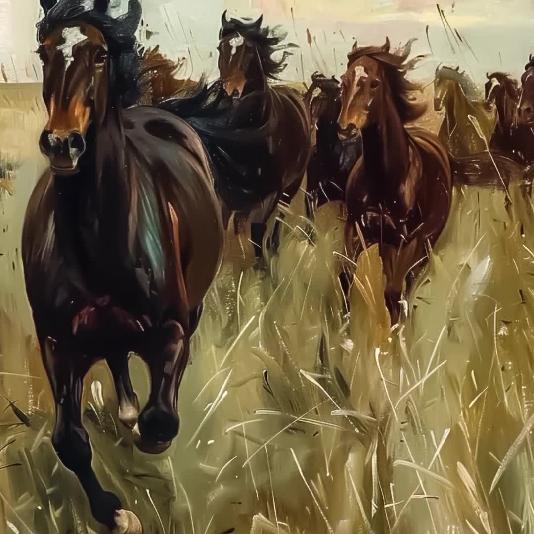 西洋の馬の絵画、馬の群れ、印刷可能な壁アート（デジタルダウンロード