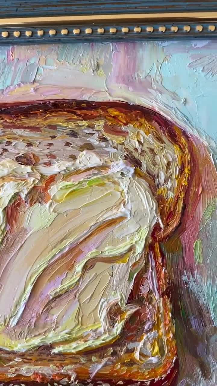インパスト技法を用いたパンとバターの油絵：額装されたキッチンフード