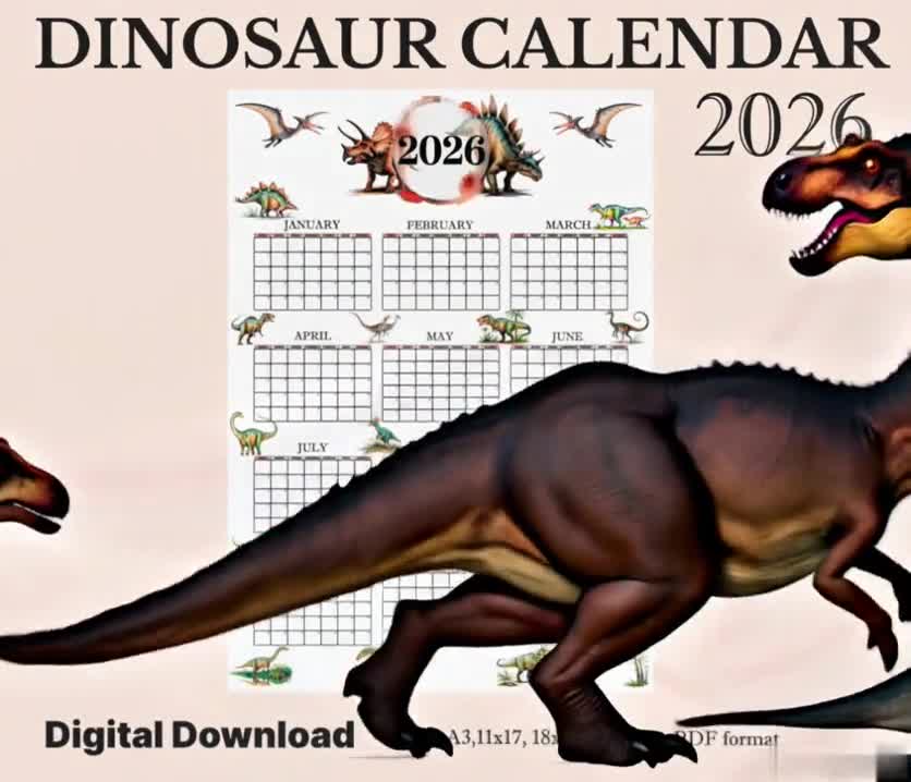 2026 Dinosaur Wall Calendar Poster | Vertical One Page Yearly