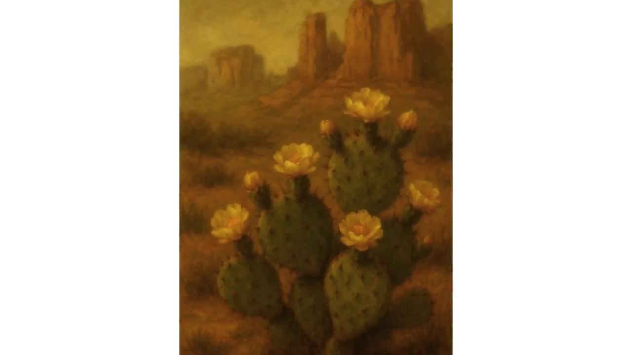 咲き誇るサボテンのオリジナル油絵プリント - アリゾナ砂漠の壁アート