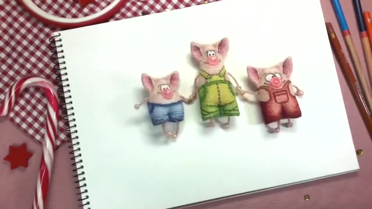 3D クロスステッチ PDF パターン - 三匹の子豚。装飾用のおもちゃ