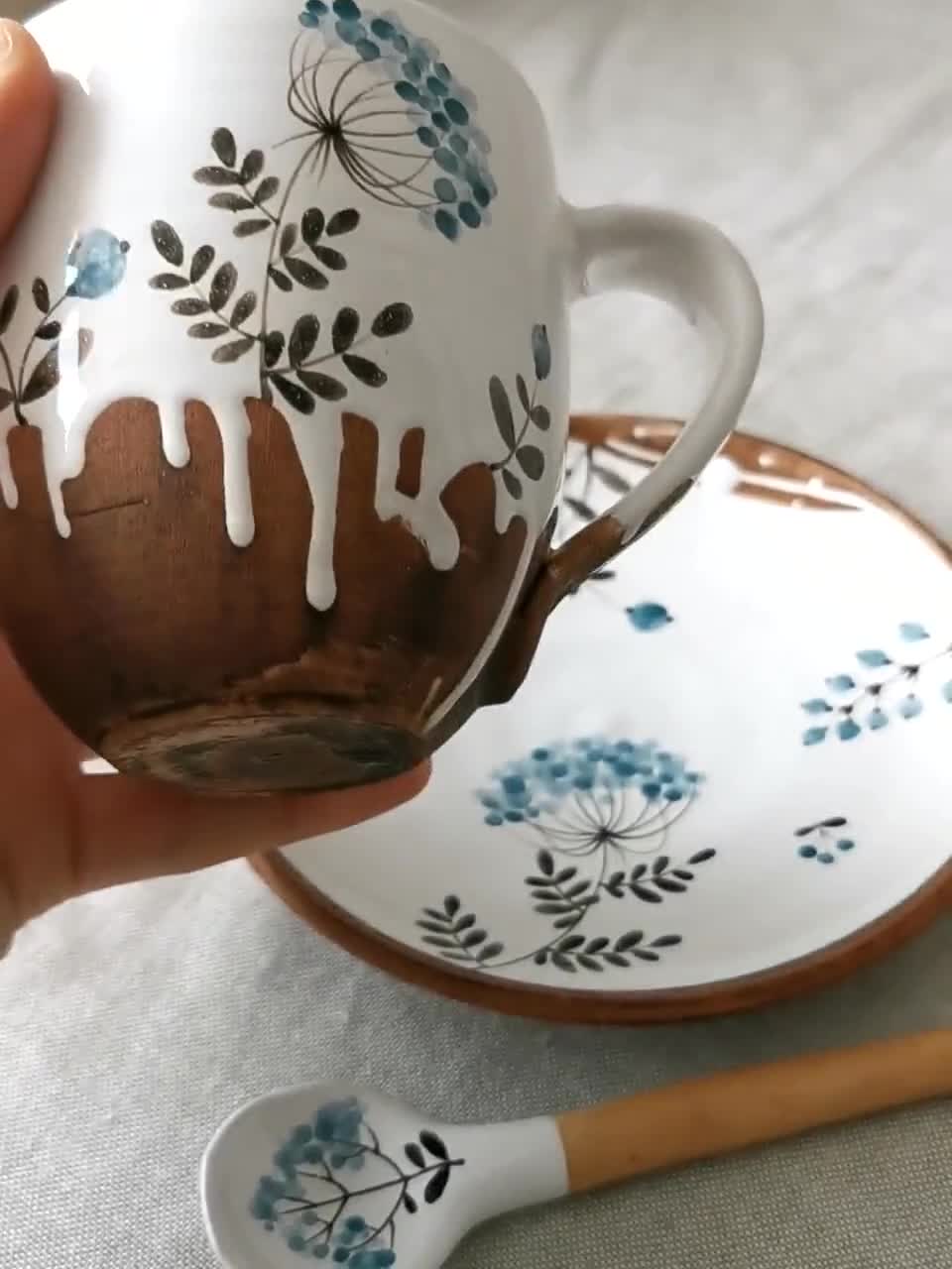 Ceramic mug set, herbal tea cup, mug, saucer, Spoon with a painted  herbal,Gift Pottery Mug, Dishes, Сrockery, Tableware,Ceramics Osoka Art