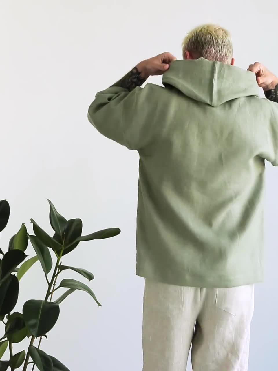 お気にいる T-shirt, Hooded Mens Summer Hoodie Linen Hoodie, Green Clothing