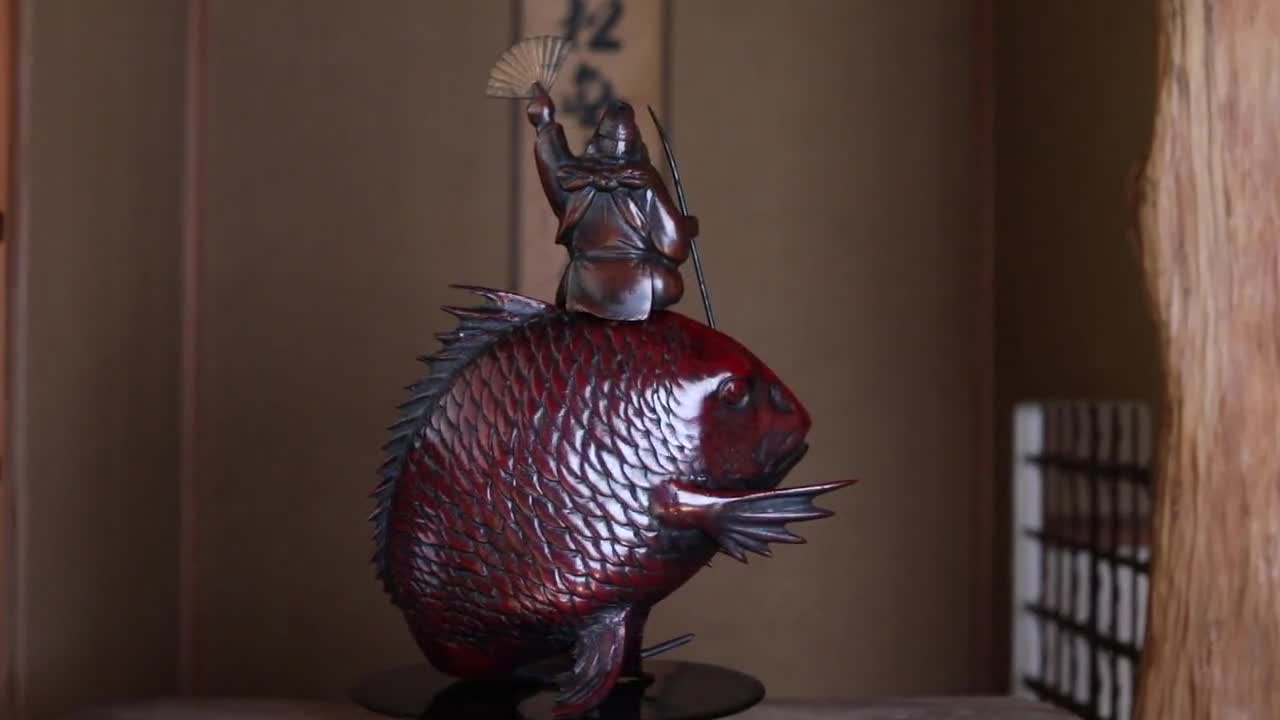 Vintage Japanese Cast Iron Ebisu & Tai Fish Large Ornament (h18