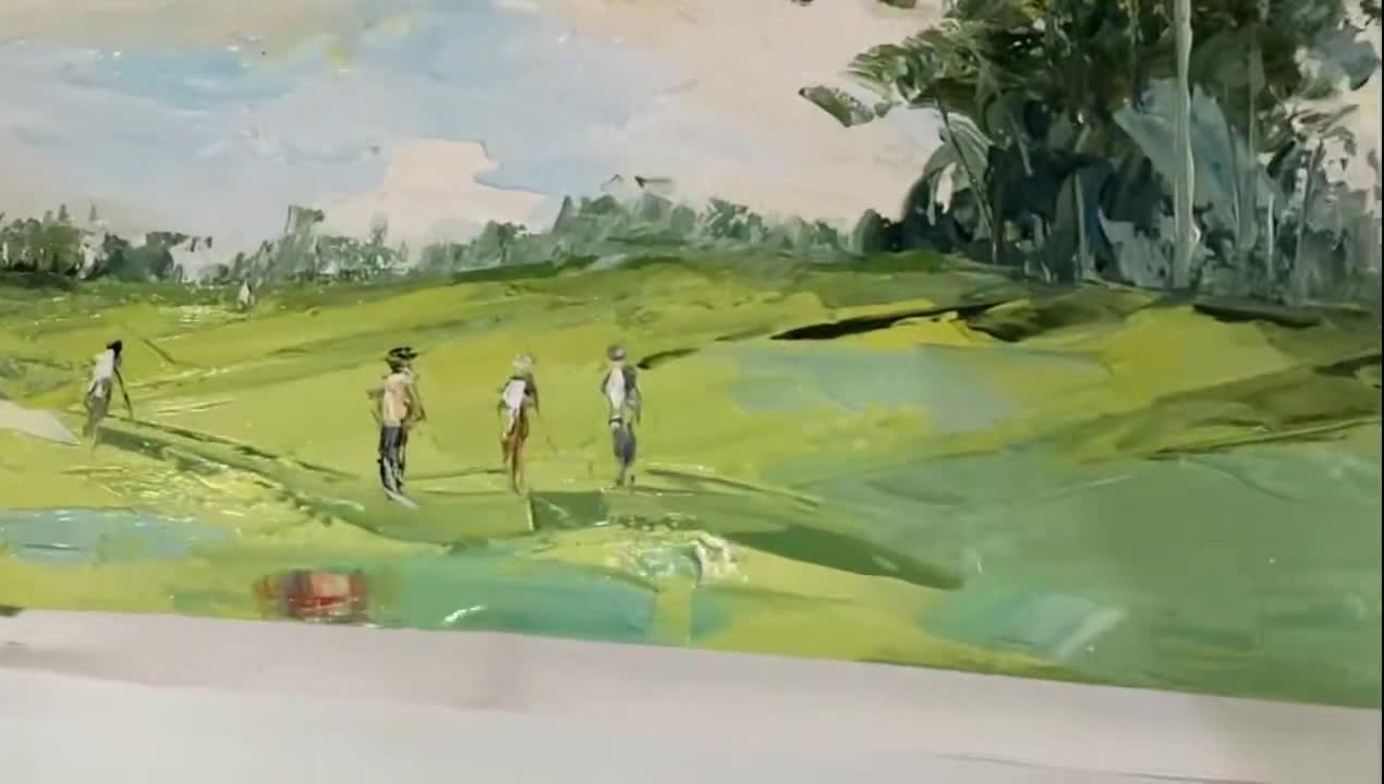 キャンバスに描かれた大きなゴルフシーンの油絵。3Dテクスチャの風景画