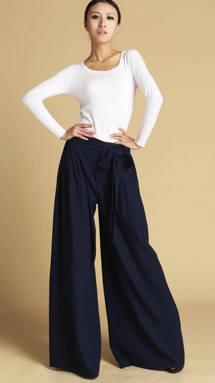 Navy Blue Linen Palazzo Pants, Wide Leg Summer Trousers, Custom