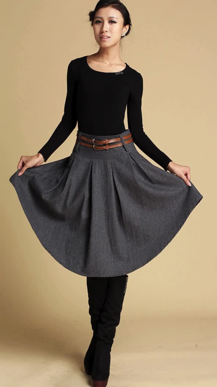 Winter Asymmetrical Wool Skirt Women, Pleated Wool Midi