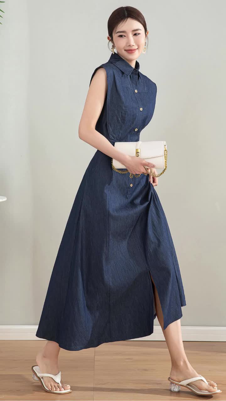 ◆Loulouseoul◆ Classic Denim Sleeveless Dress Blue YADMISU Women's Sleeveless Cutout Slit Long Denim Dress