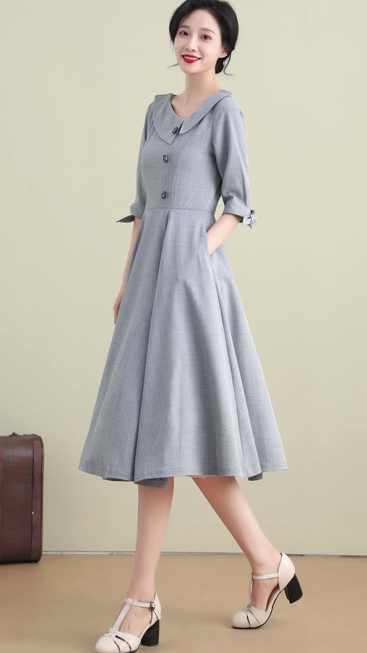 Gray Linen Cocktail Dress, Swing Midi Dress, Fit & Flare