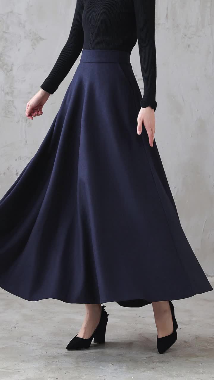 Blue Wool Maxi Skirt, Long Wool Skirt, A Line Wool Skirt