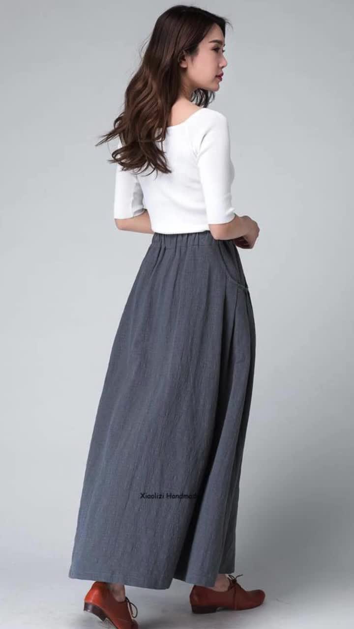 スカート Rien Long Skirt DARK GREY Grey Denim Maxi Skirt with Pleated Detail | Petit Rack