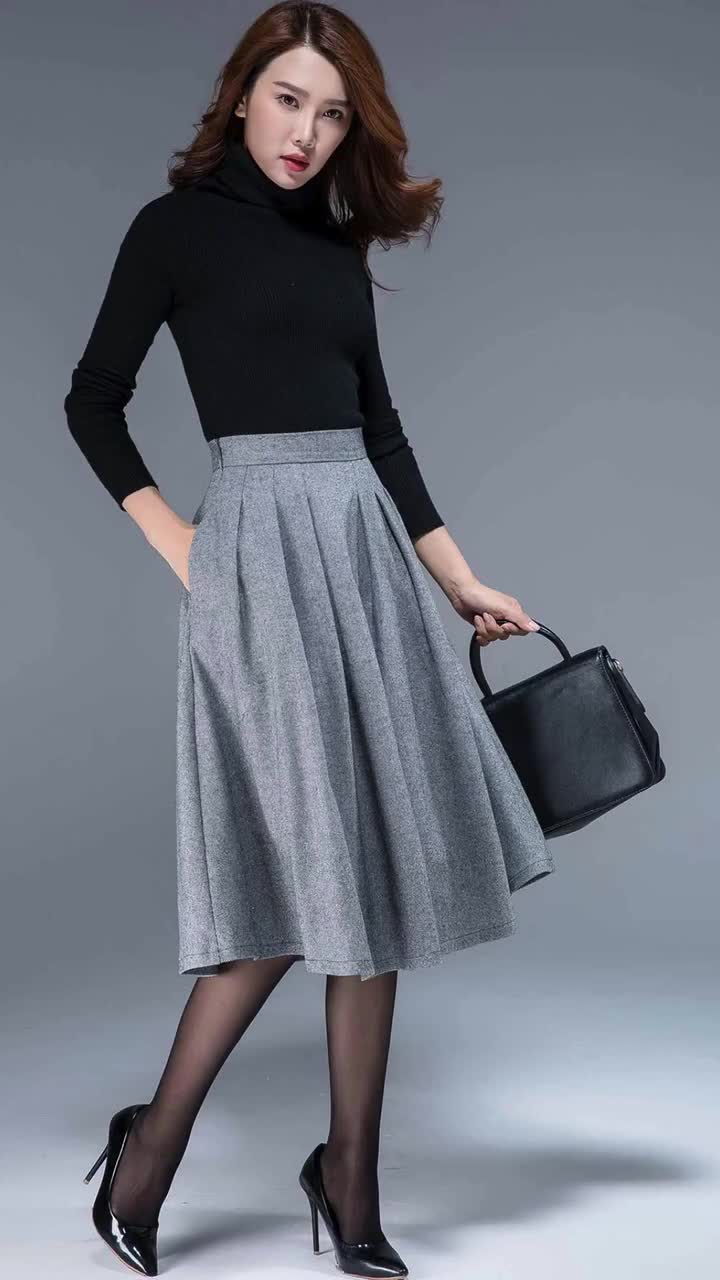 Pleated Midi Skirt, Wool Skirt, Winter Skirt, Knee Length