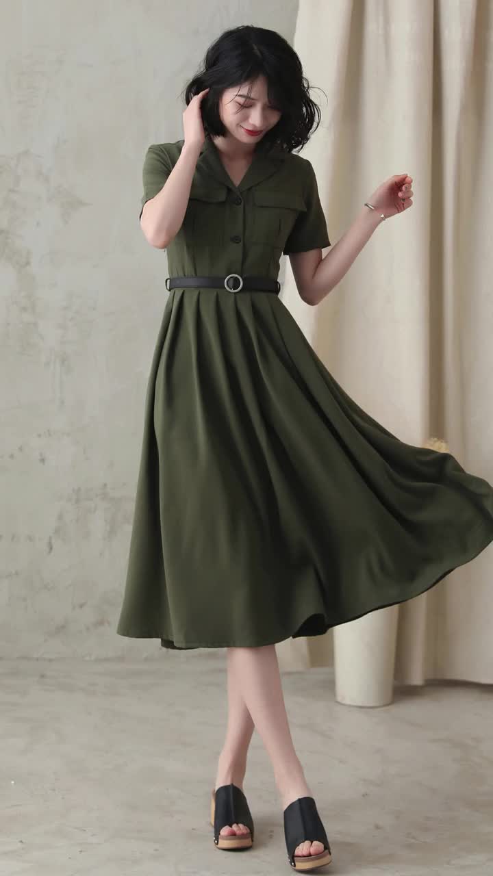 Buy Military-inspired Dress, Army Green Midi Shirt Dress for