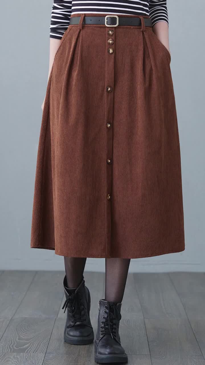 Button Down Corduroy Skirt Women, A Line Corduroy Skirt With