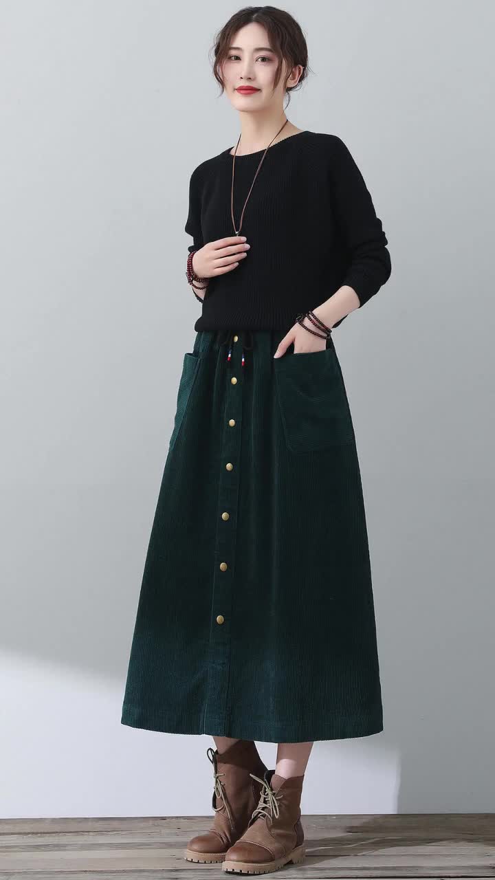 Womens Green Corduroy Skirt, Midi Corduroy Skirt, Casual Plus Size