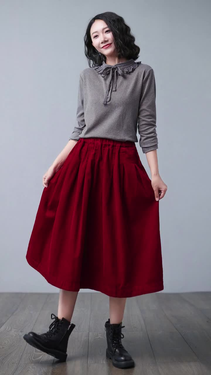 Red Pleated Midi Corduroy Skirt, Long Winter Skirt, Elastic Waist