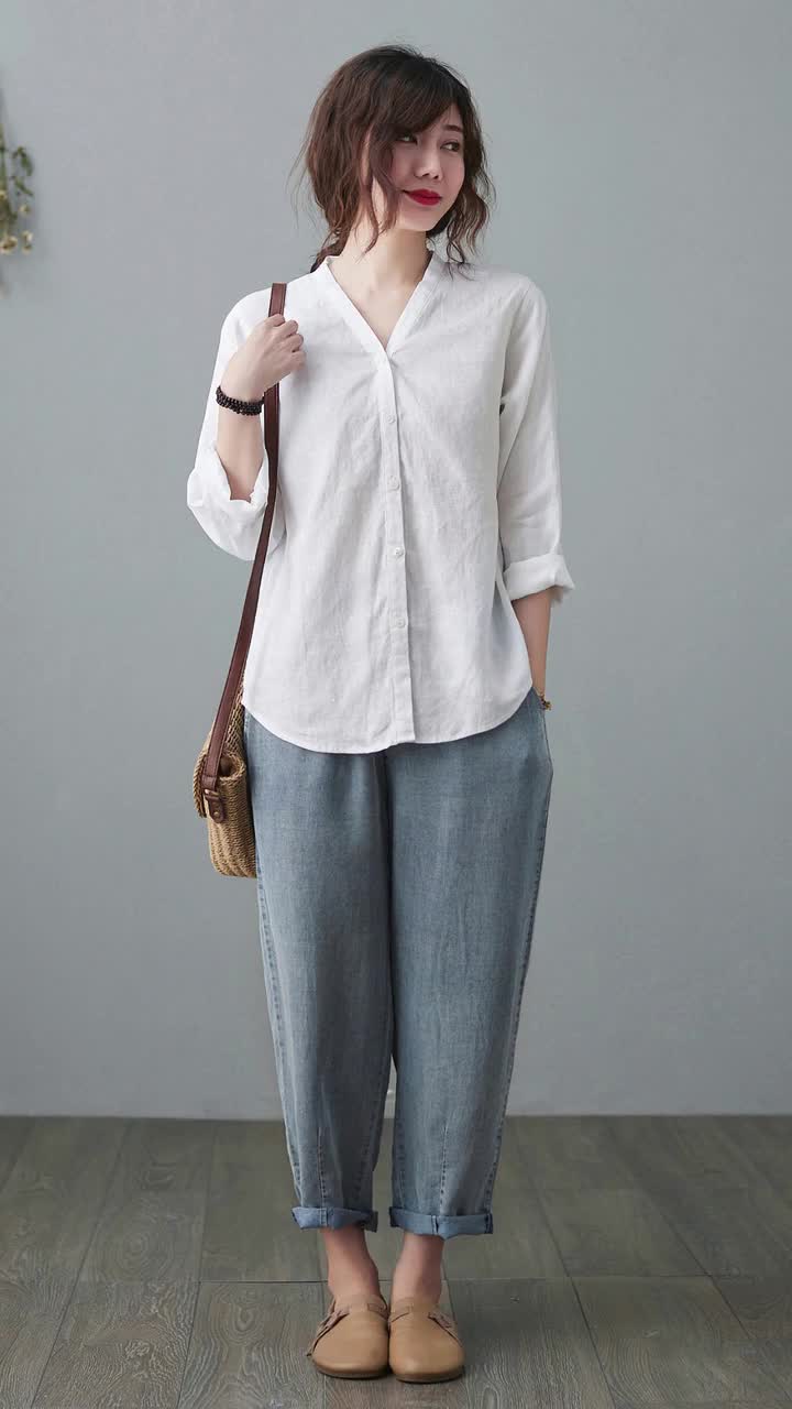 値下げ！villd 2way linen tops Linen Tops, White Linen Shirts, V Neck Blouse, Casual Linen