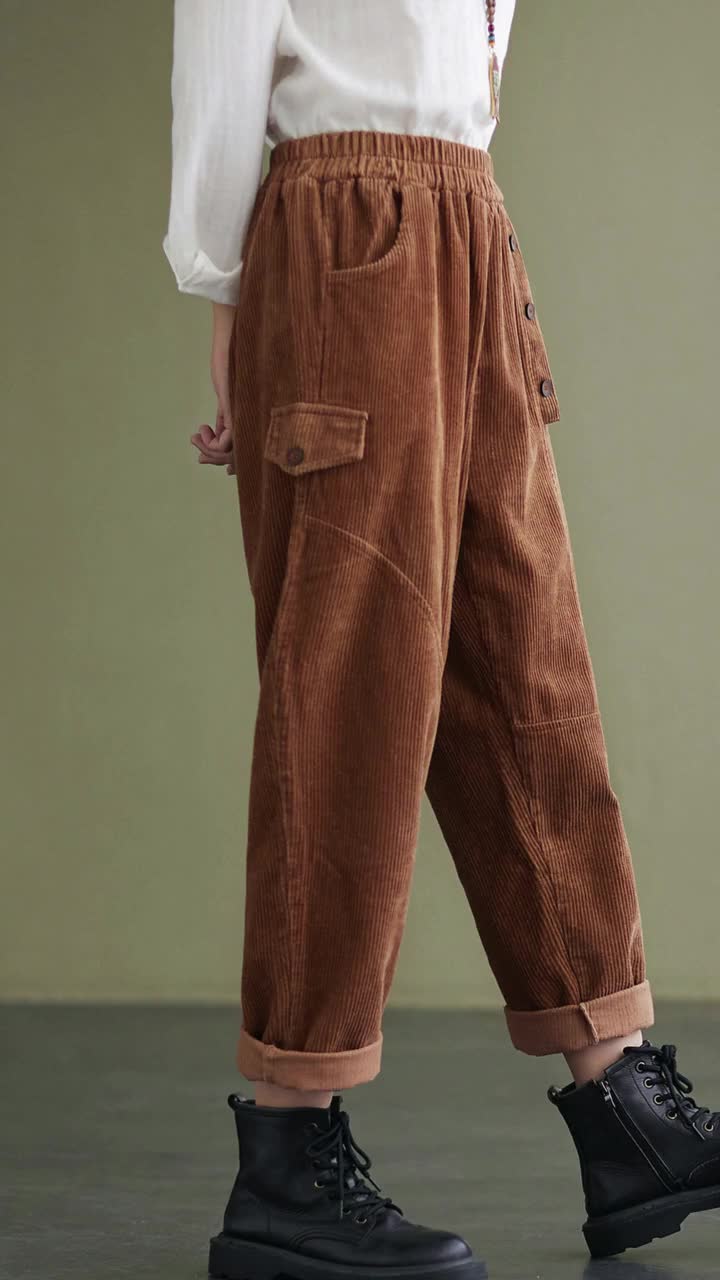 Casual Brown Corduroy Pants for Women, Long Pants, Plus Size Pants