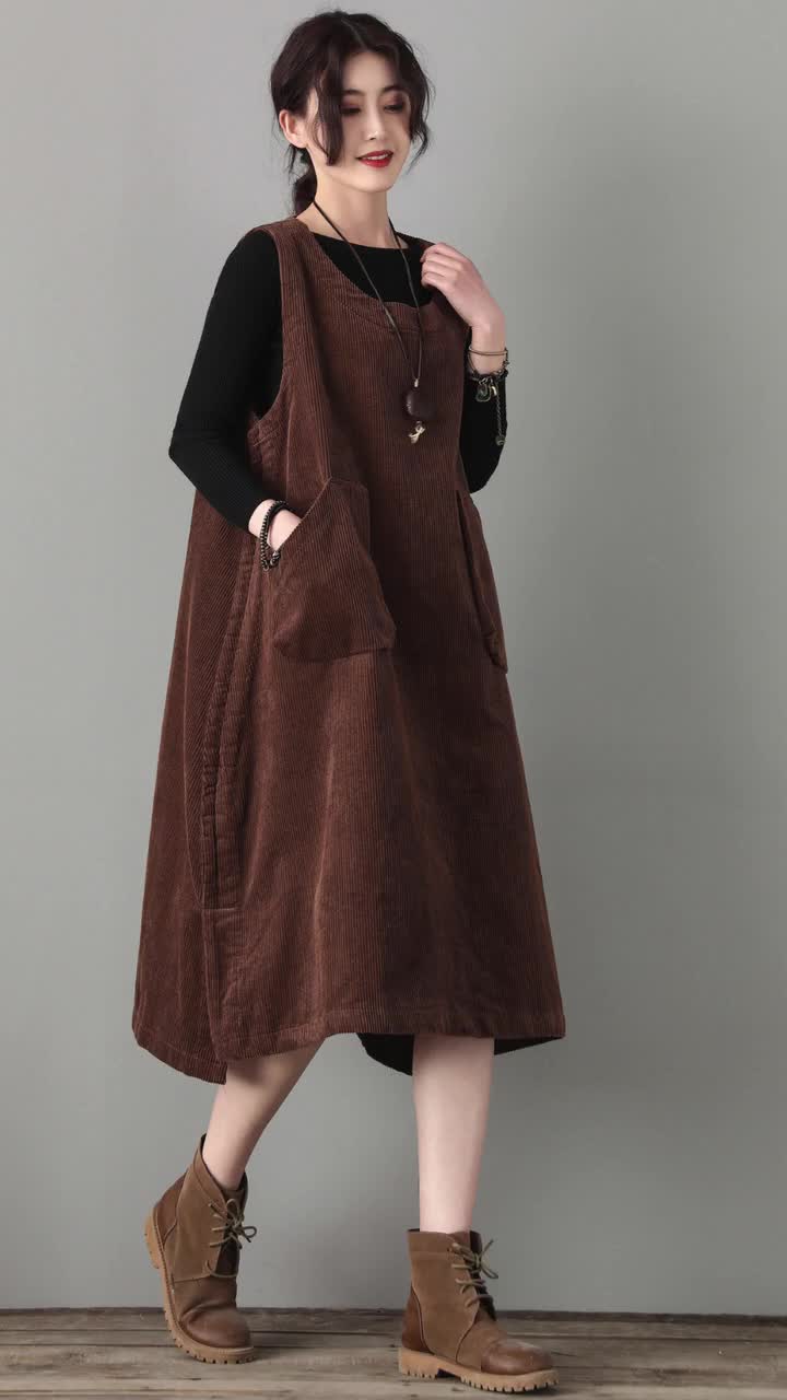 Women's Brown Corduroy Dress, Shift Dress, Sleeveless Corduroy