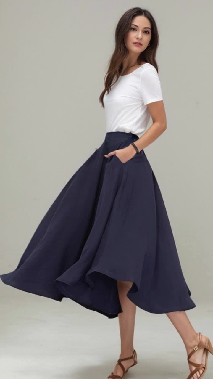 Linen Swing Skirt, Midi A-line Skirt, Navy Blue Linen Skirt