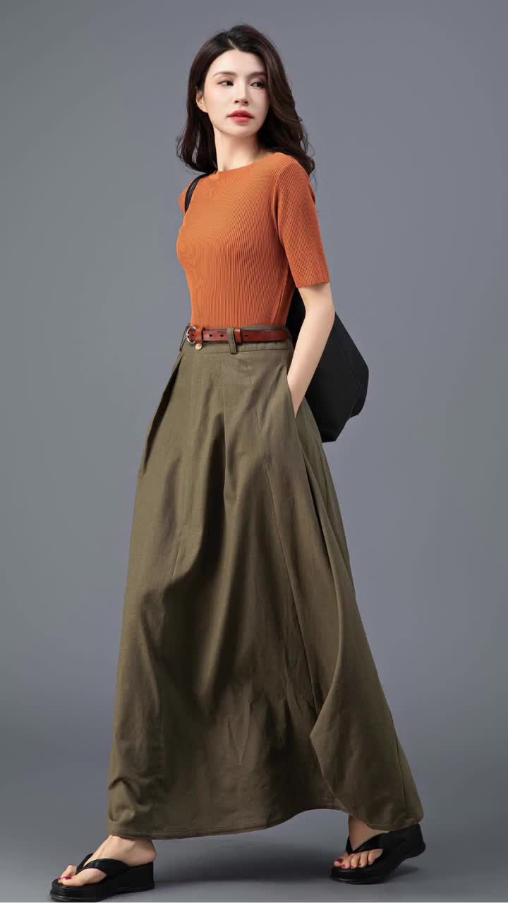Army Green Linen Skirt, Linen Maxi Skirt, Asymmetrical Linen