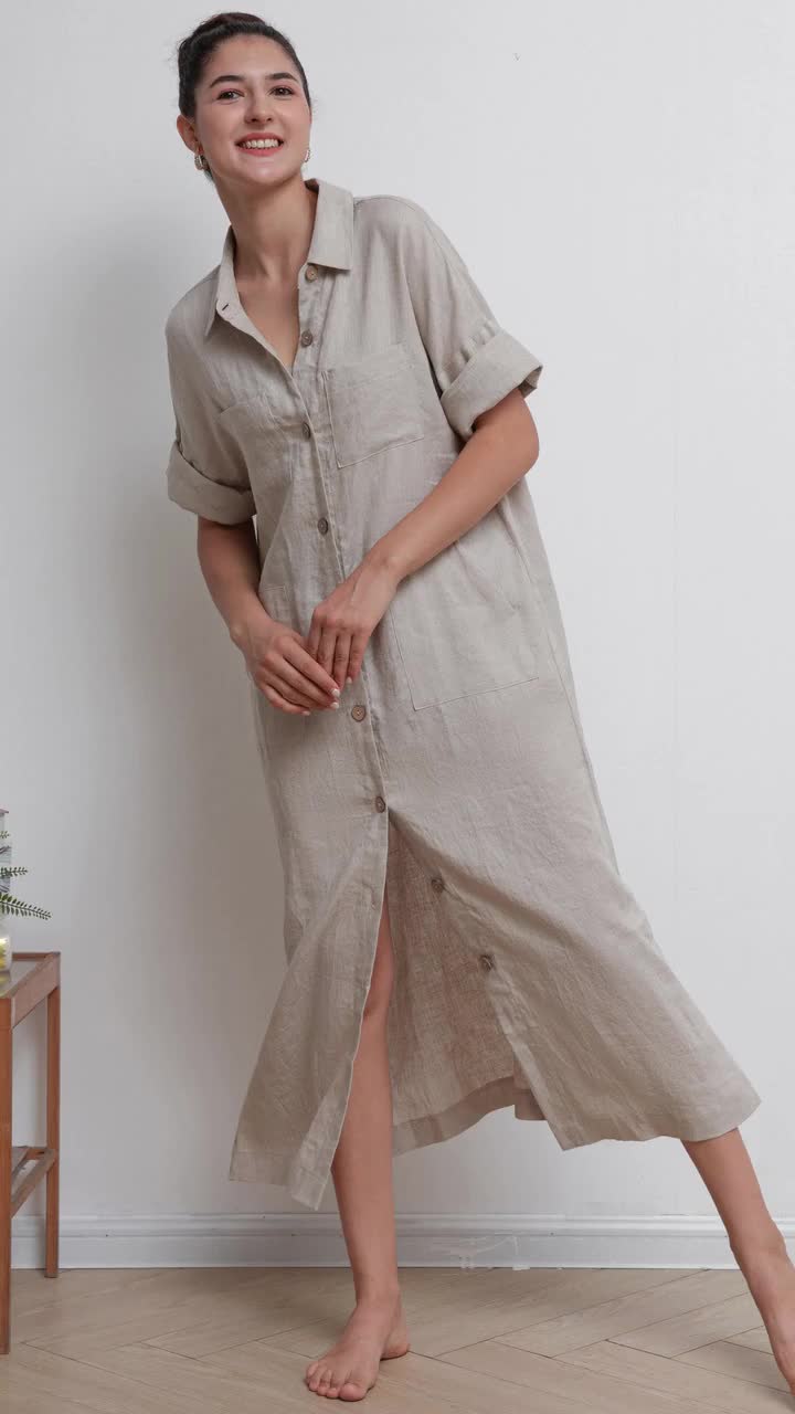 Oversize Linen Shirt Maxi Dress, Womens Casual Linen Shirt