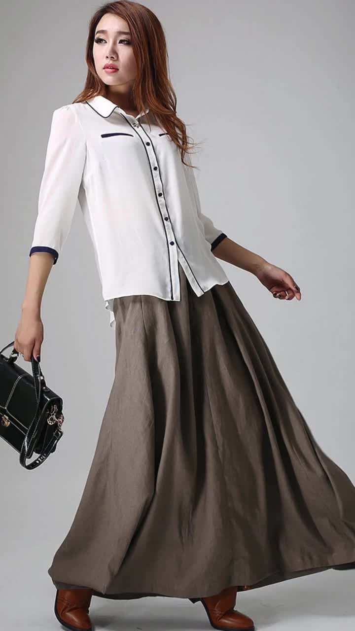 Linen Maxi Skirt With Big Pockets, Swing Long Linen Skirt