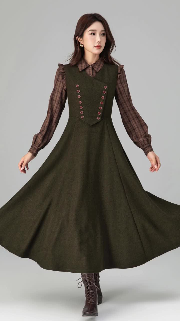 Army Green Wool Pinafore Dress: Sleeveless Midi A-line - Xiaolizi