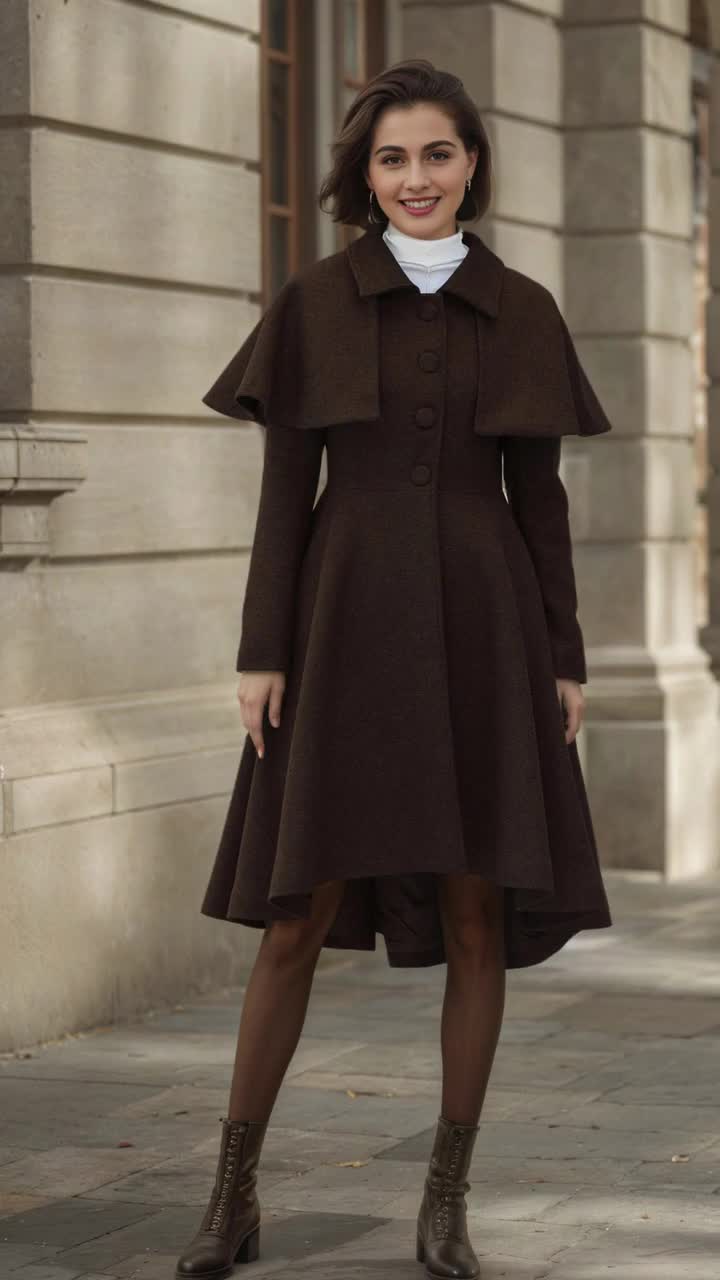 Vintage Style Wool Cape Coat, Brown A-line Midi Outerwear, Custom