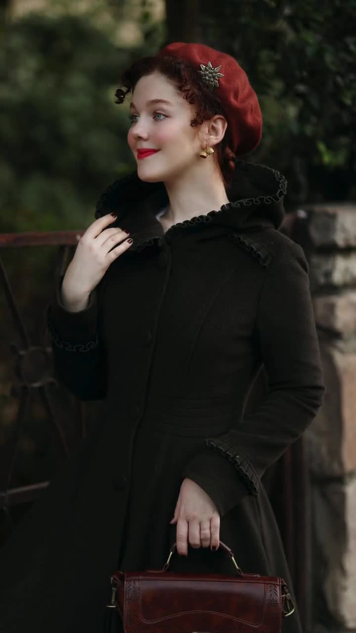 Hooded Wool Princess Coat: Ruffle Detail Winter Swing Coat, Custom