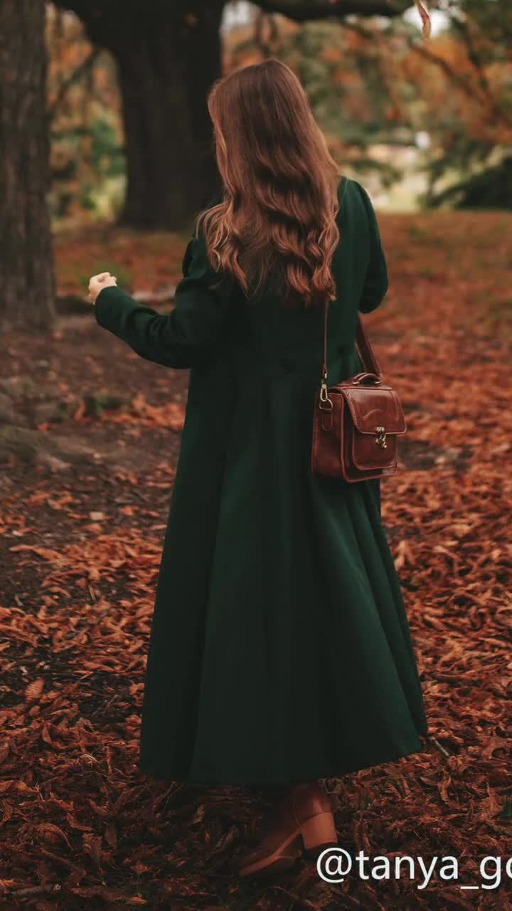 Dark Green Wool Coat, Women's Winter Double Breasted Long