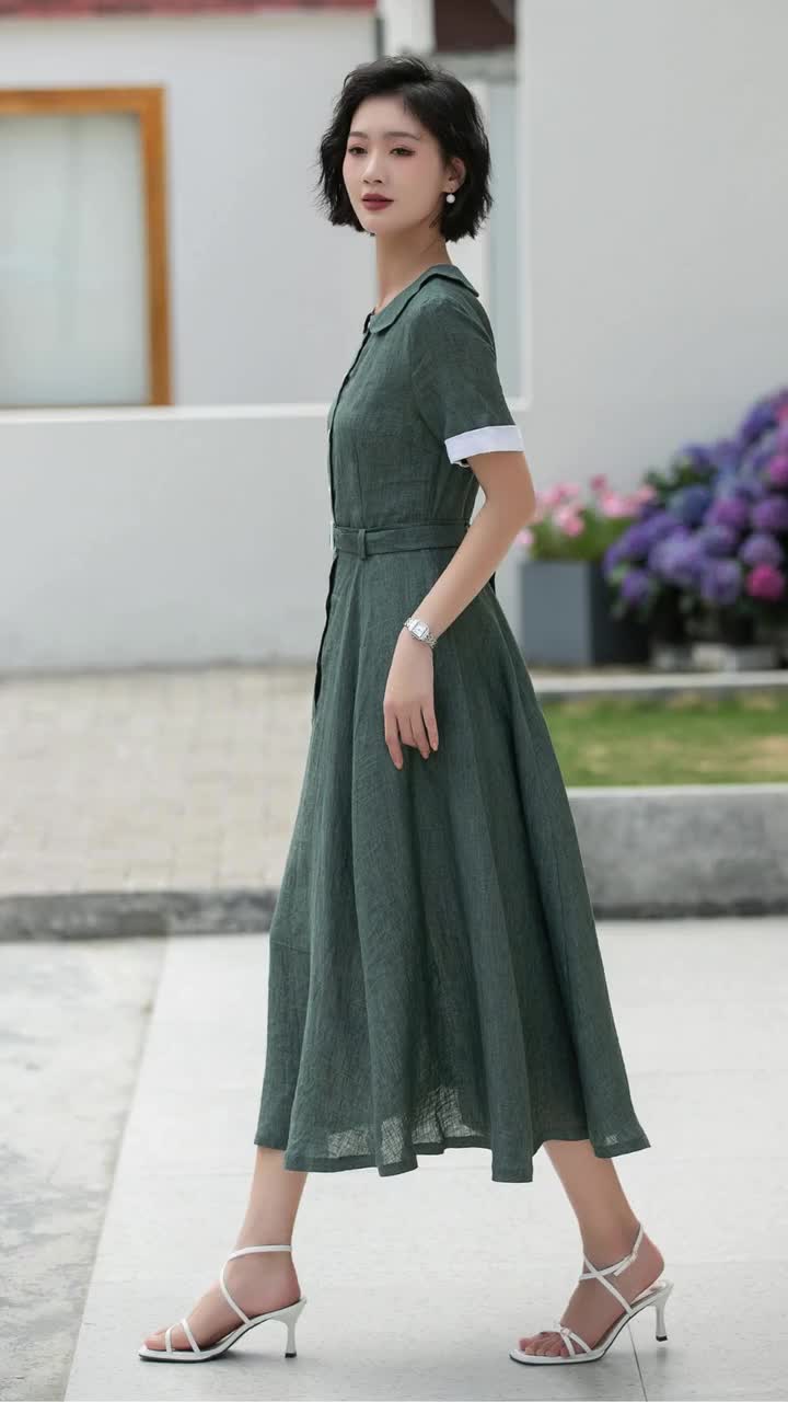 Dark Green Linen Dress, Midi Shirt Dress, Fit and Flare