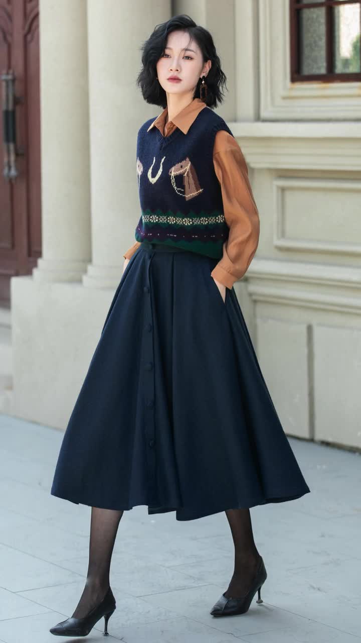 Dark Blue Wool Skirt, Womens Midi Wool Circle Skirt, Winter Skirt