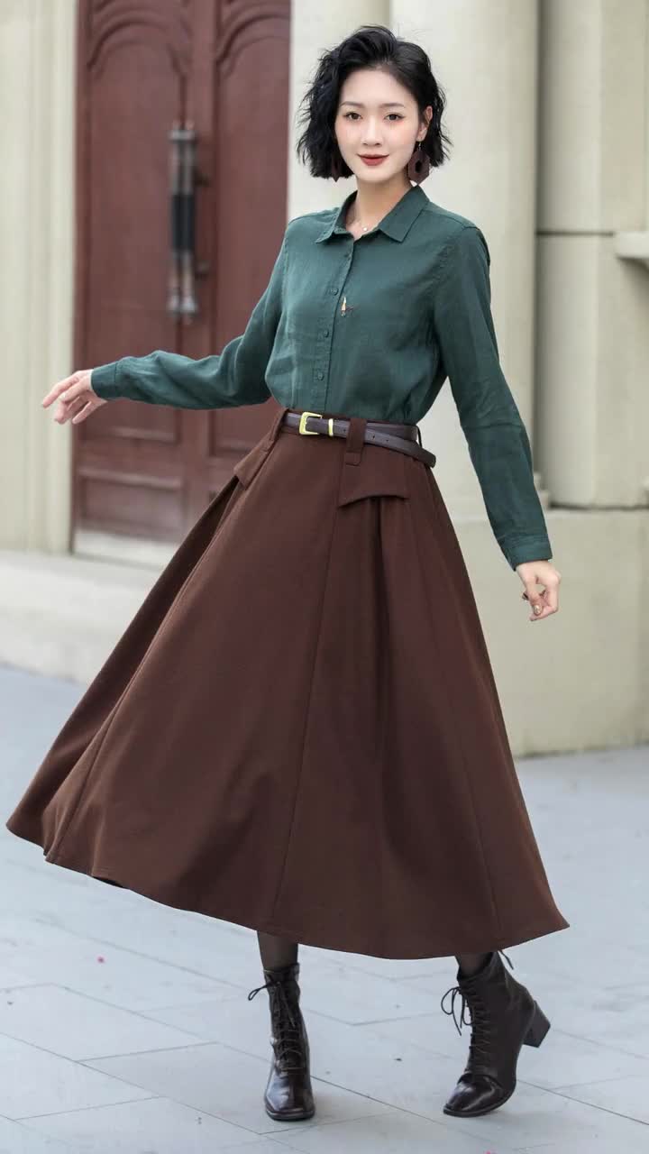 Brown Wool Midi Skirt: High Waist A-line Winter Skirt, Plus Size