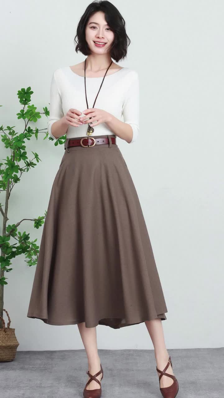 Linen Midi Skirt – High-waisted A-line Skirt With Pockets