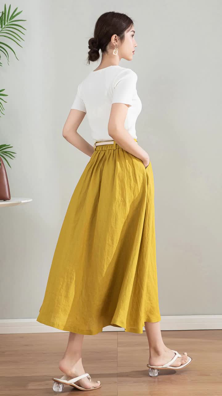 ★RE_L★ Unbalance pleats long skirt (yellow) Yellow Maxi Skirt - Pleated Maxi Skirt - Woven Maxi Skirt