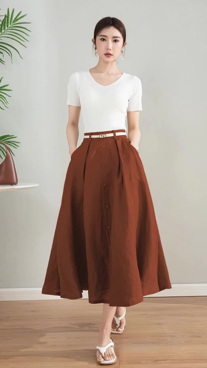 Linen Midi Skirt, Button Front A-line Swing Skirt With Pockets