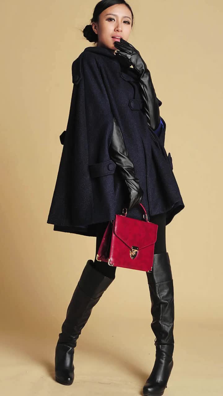 Hooded Wool Cape Coat, Autumn Winter Wool Cloak Coat