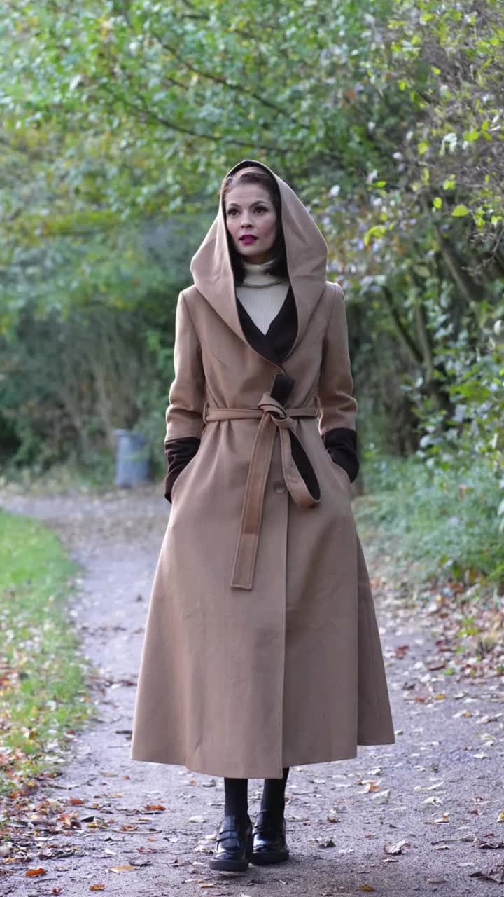 Hooded Wool Coat, Long Wool Coat, Camel Wool Coat Women, Winter