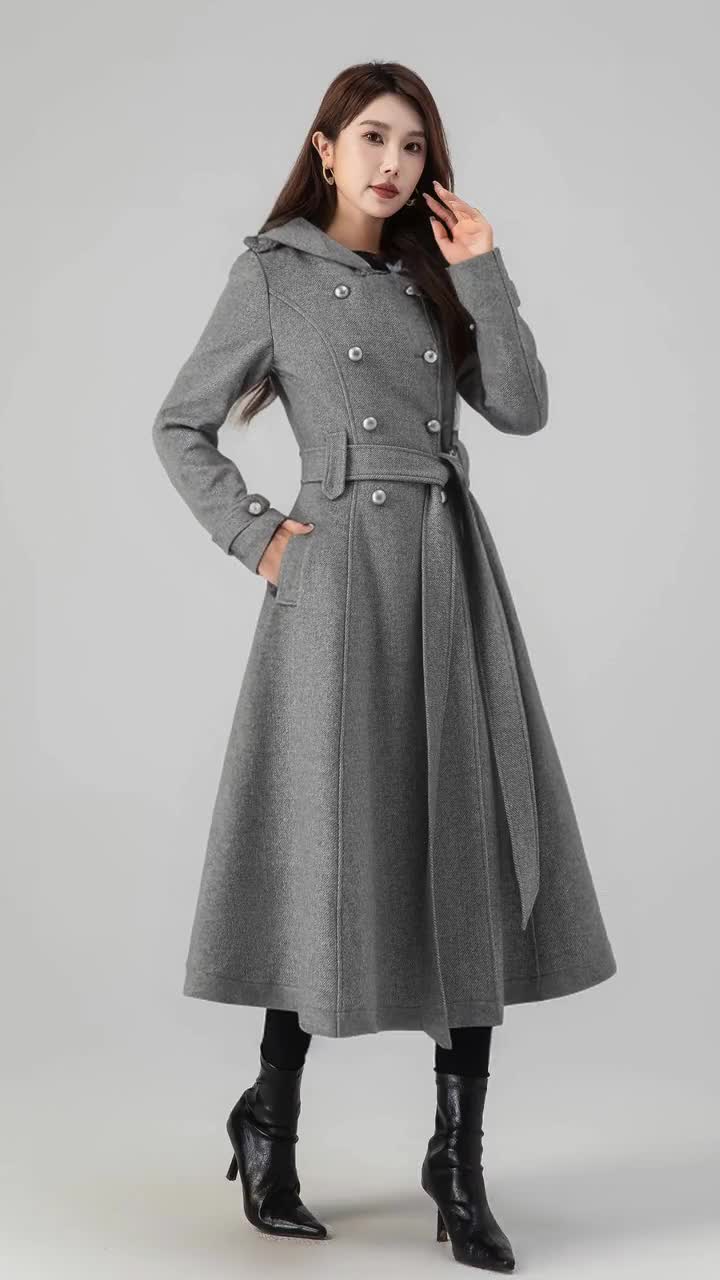 Hooded Wool Coat, Long Wool Coat, Double Breasted Coat, Trench