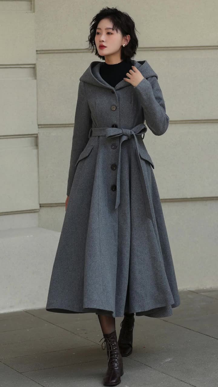 Gray Wool Maxi Coat: Hooded Belted Trench, A-line Swing, Custom