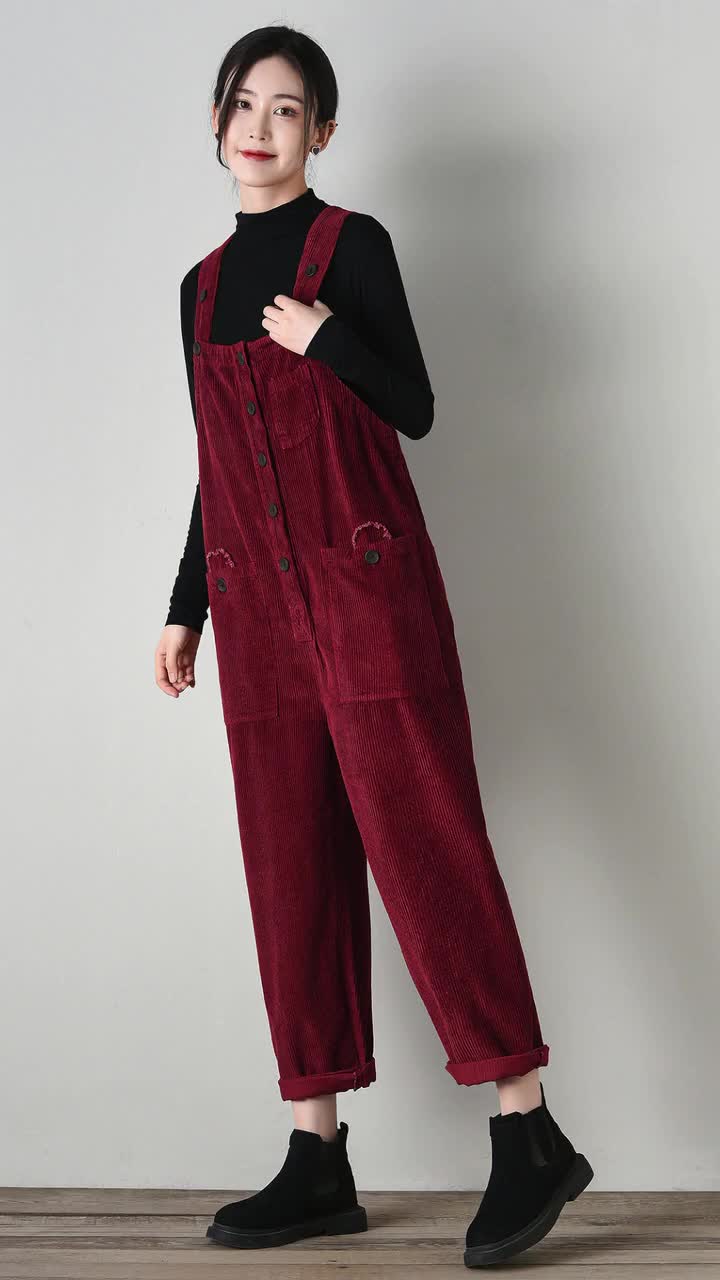 【送料無料・70'S・Vintage】Burgundy Overalls Vintage-style Corduroy Jumpsuit for Women - Red Overalls