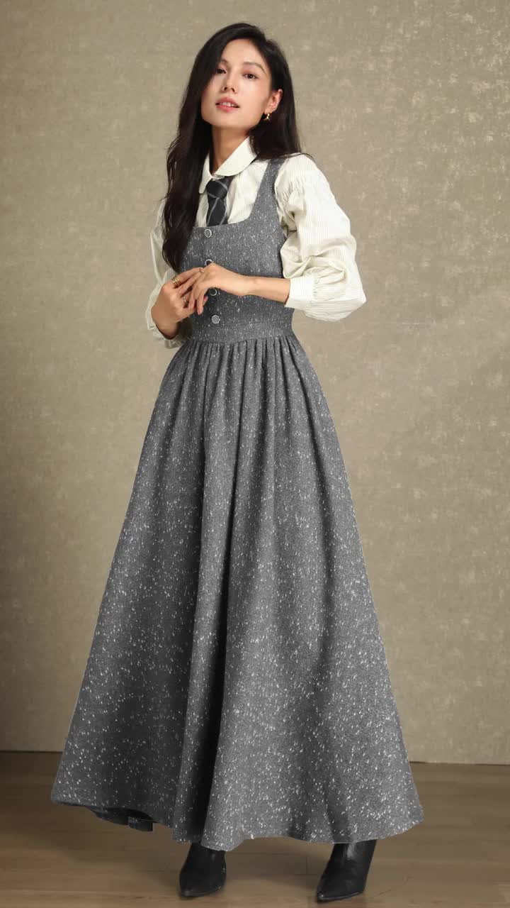 Vintage-inspired Grey Wool Pinafore Maxi Dress: Button-front