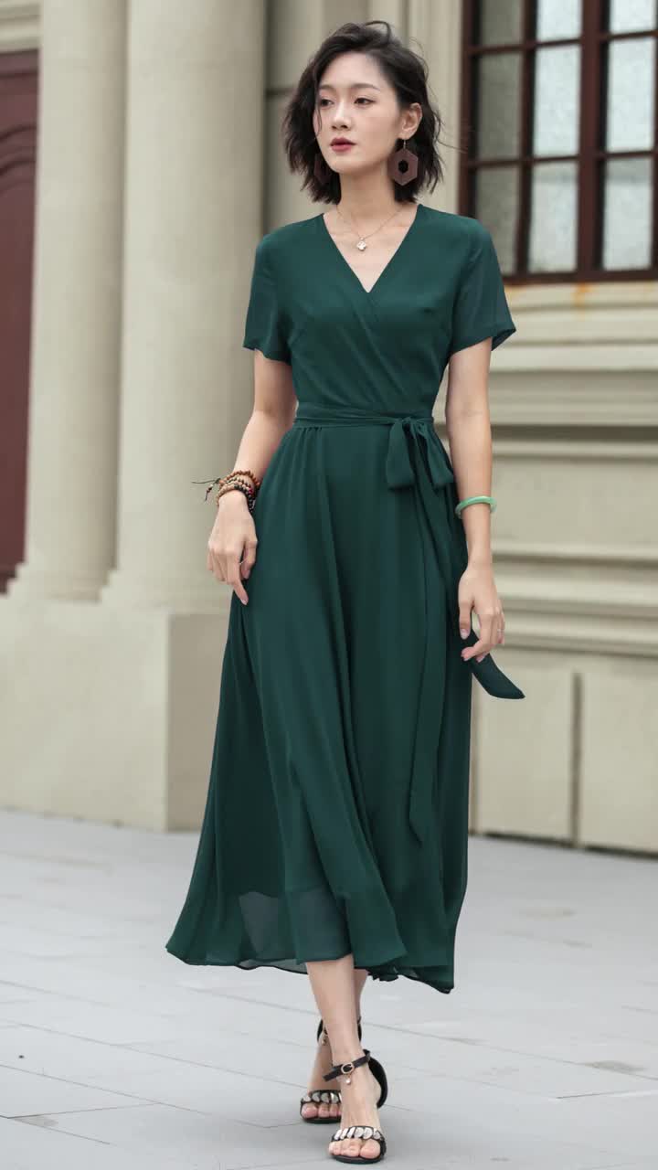 ＊韓国＊［VINVLE］Daisy V-neck Chiffon Check Long One-piece Muyoms Elegant Printed Chiffon Dress Short Sleeve, Zipper