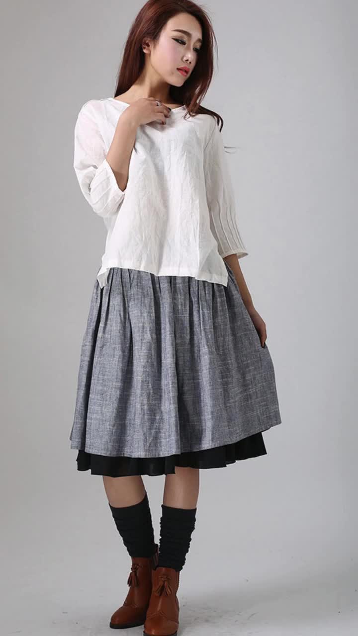 Gathered Midi Skirt, Linen Skirt, Skater Skirt, Gray Skirt