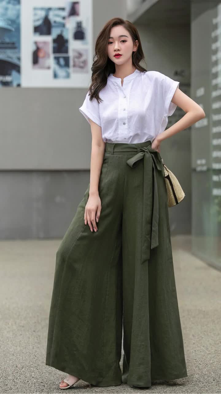 Womens Blue Wide Leg Long Linen Pants, Belted Linen Palazzo Pants