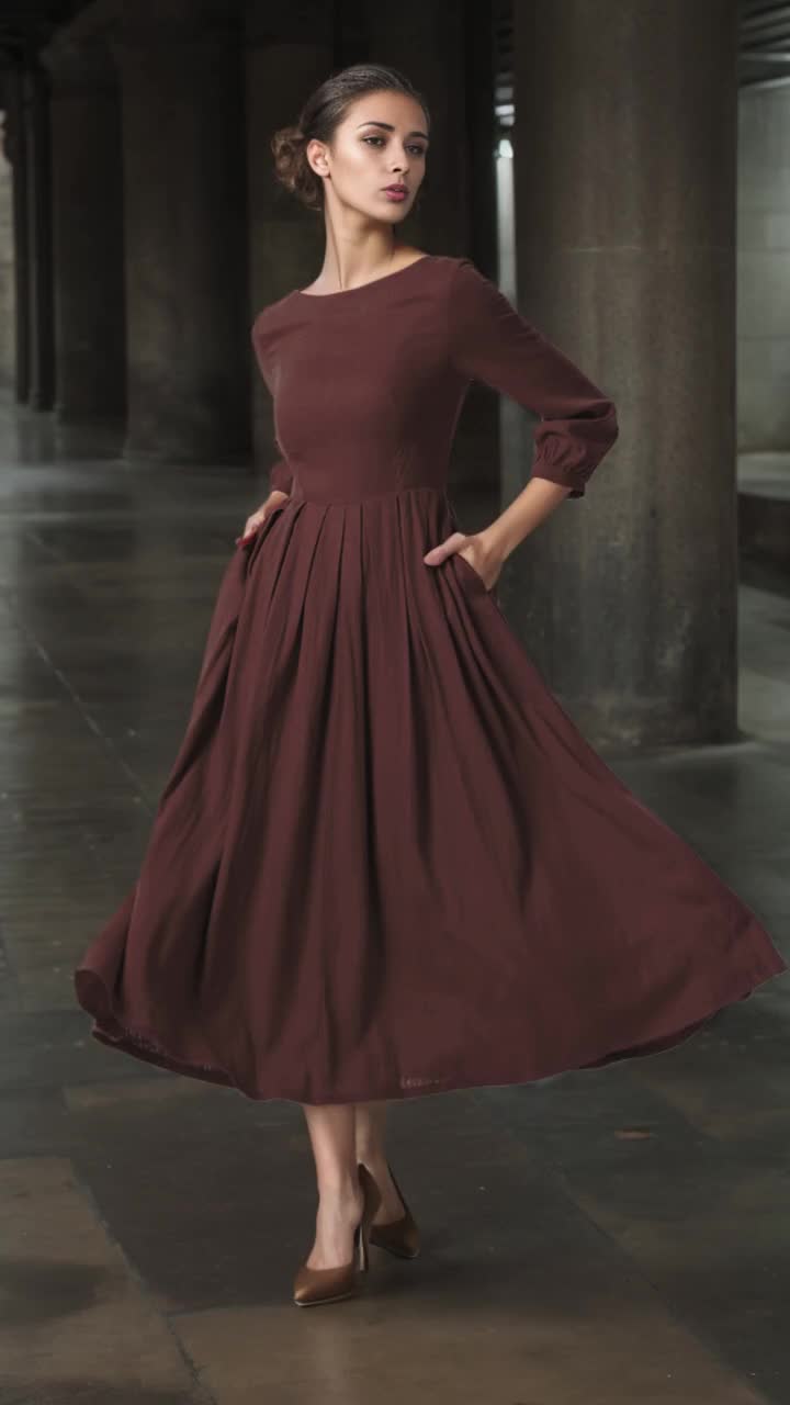 リネンロングドレス、レディースリネンドレス、ブラウンミディドレス