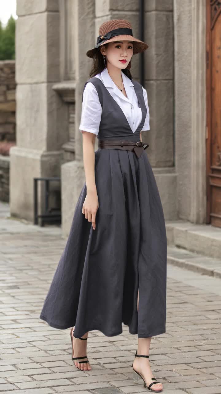 Dark Gray Linen Pinafore Dress: V-neck Apron Style, Xiaolizi 6145
