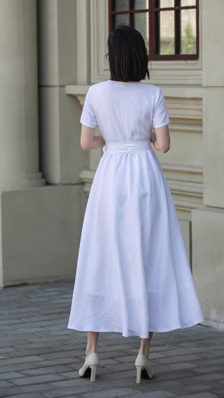 Shawl Collar Linen Wrap Dress, Heavy Linen Waist Tie Maxi