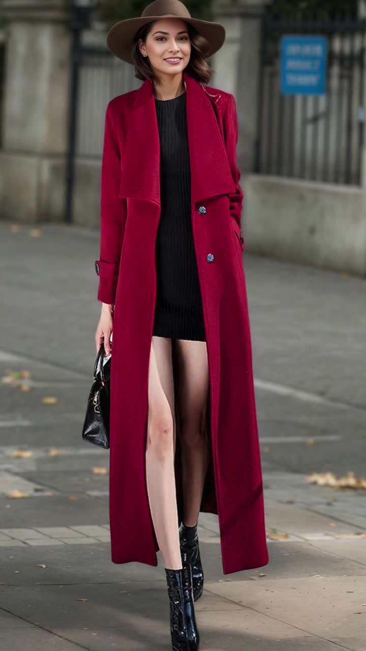 ロングウールコート、レディースウールトレンチコート、ワインレッド